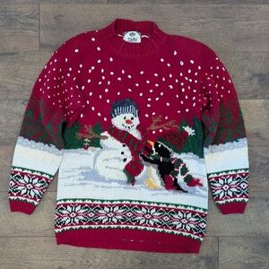 Vintage Embroidered Snowman Penguin Christmas Sweater Fair Isle